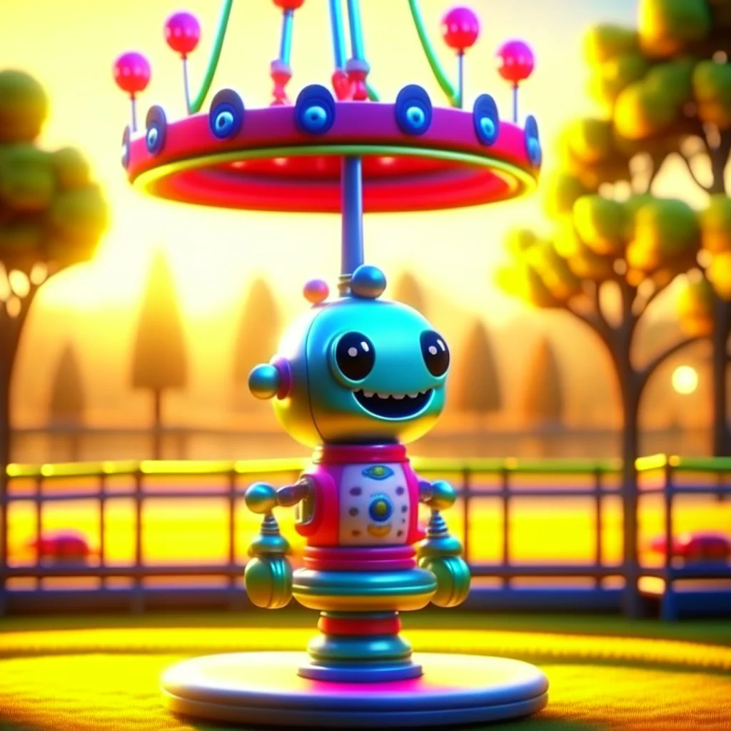 the cute adorable bot with long face, on a carousel through the seasons, hills and trees, motion blur, 8k, downlight, soft light, depth of field, photorealism, trending on art station, lotsa detail