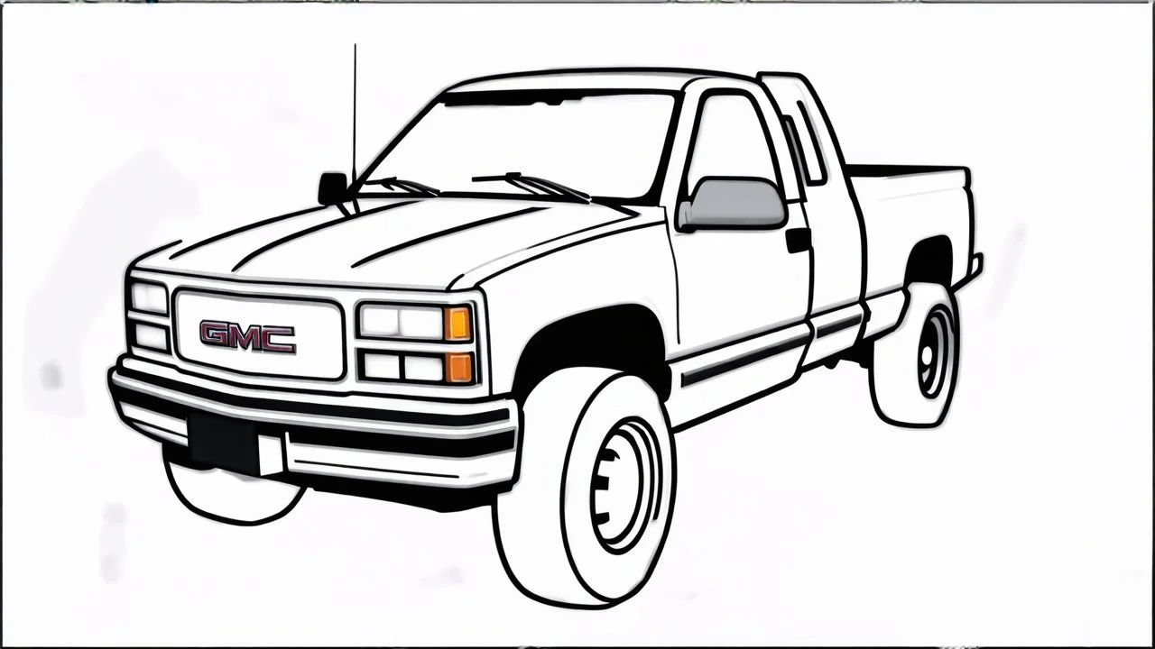 redraw this image of a 1991 GMC sierra with extended cab and trailering mirrors, line art with improved quality