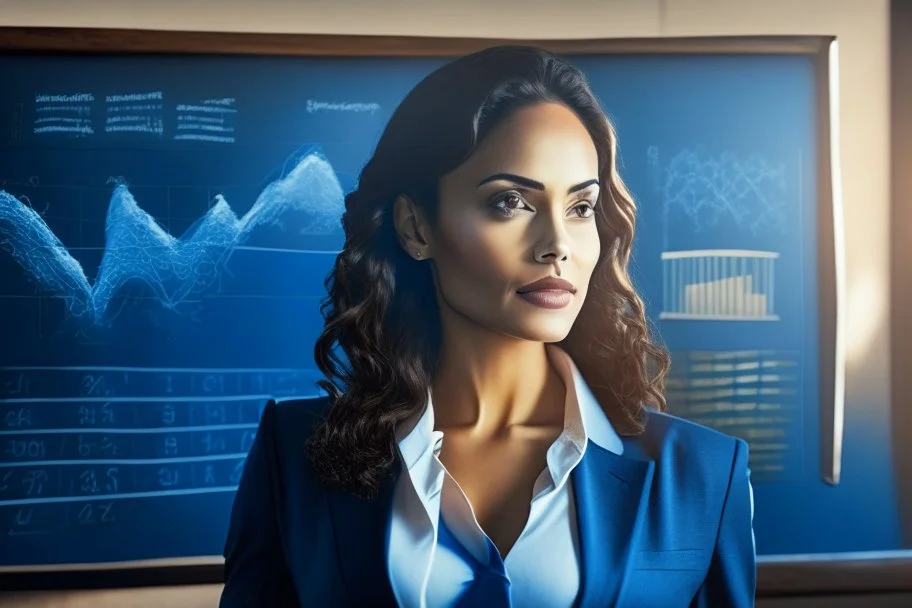 A pretty brown-haired, light-skinned woman in an elegant blue suit stands in a classroom in front of a blackboard with various charts and diagrams, in the sunlight