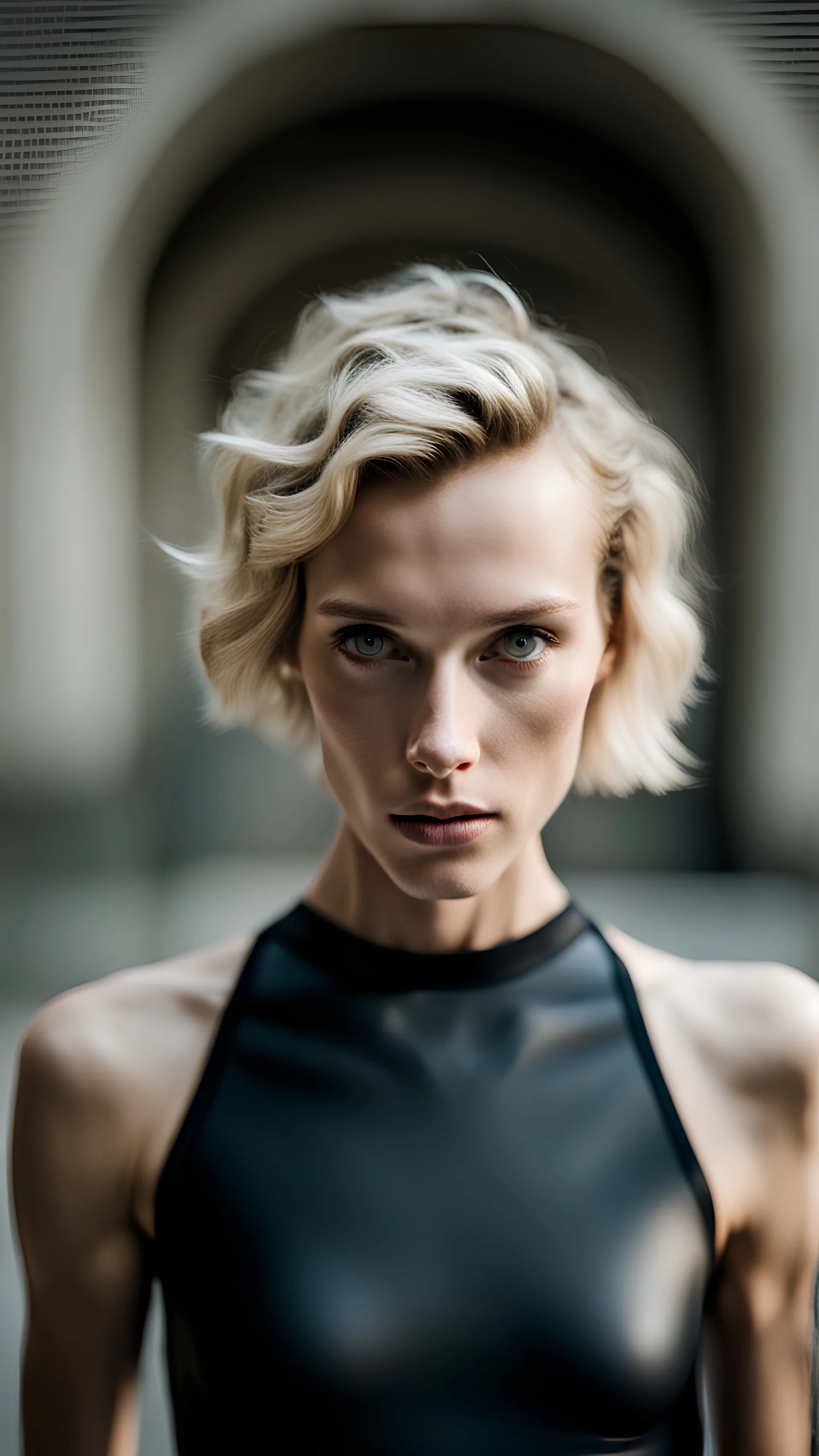 beautiful anorexic woman, total shot, short shiny black triathlon swimsuit, short blond wavy bob hair, blurred concrete background