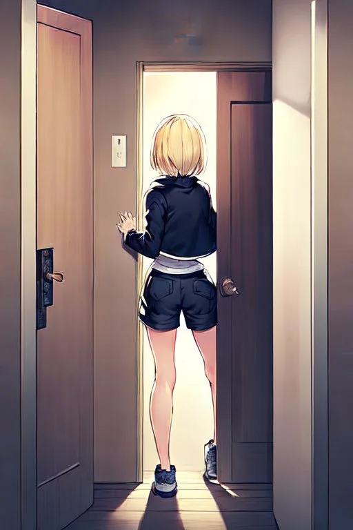 blonde girl with short jacket and shorts runs in a corridor in front at a mystery door, back view, line arts, manga style