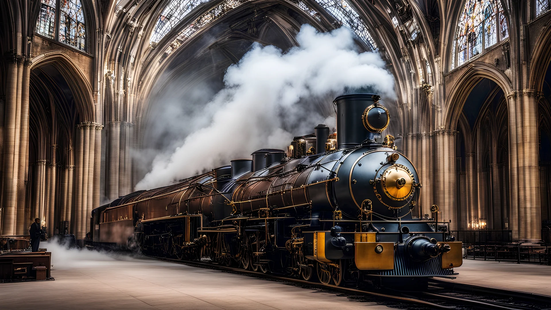 steampunk steam train inside a vast cathedral, award-winning colour photograph