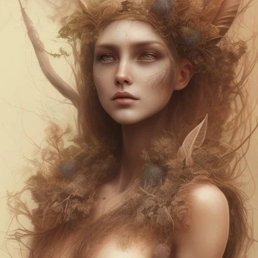 Portrait of beautiful girl, plant, metal, feathers, Dryad, fae, sidhe, ominous, nature, plants, wildflower, facepaint, dnd character portrait, intricate, oil on canvas, masterpiece, expert, insanely detailed, 4k resolution, retroanime style, cute big circular reflective eyes, cinematic smooth, intricate detail , soft smooth lighting, soft pastel colors, painted Renaissance style,bokeh, 800mm lens