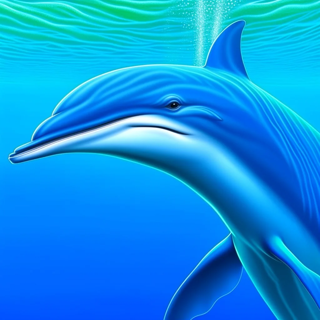 a realistic illustration of a Dolphin, detailed, using three colors blue. ocean background.