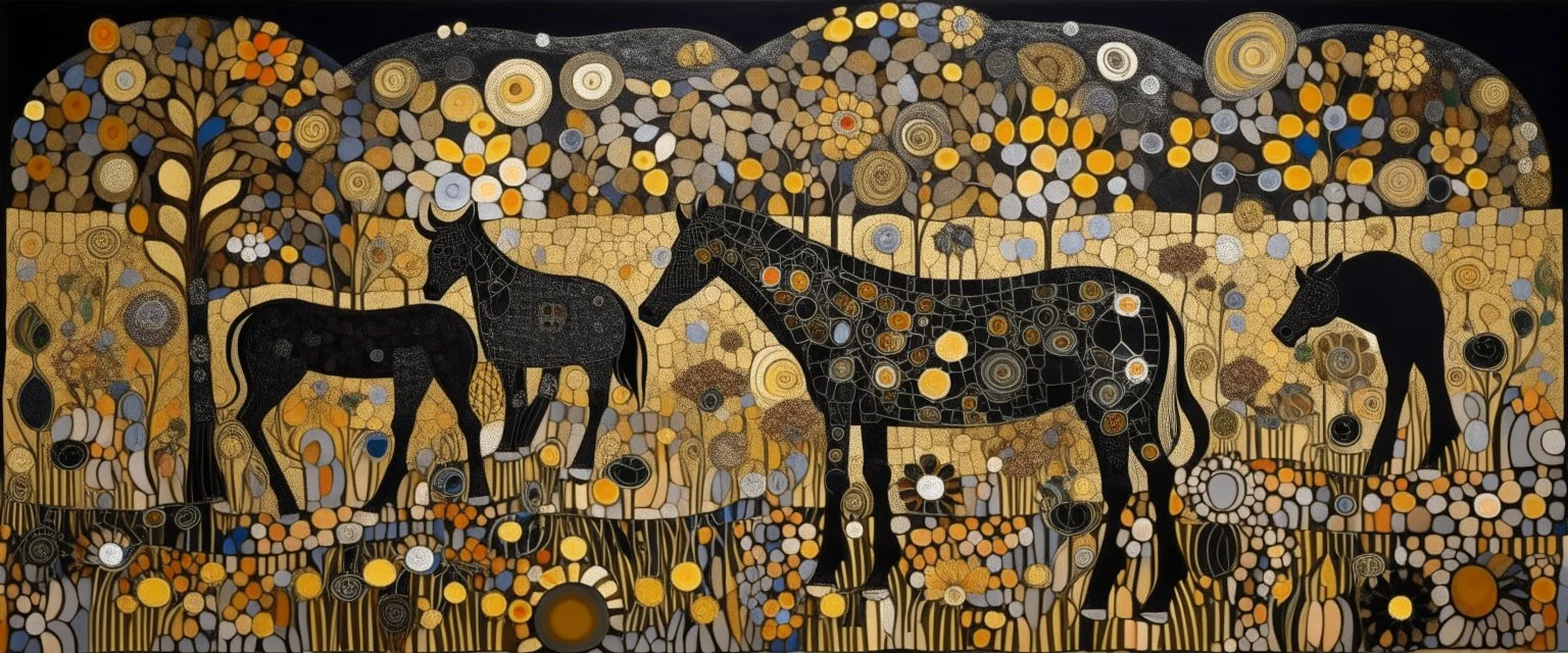 A black savanna with block shaped stones designed in ancient Roman mosaics painted by Gustav Klimt