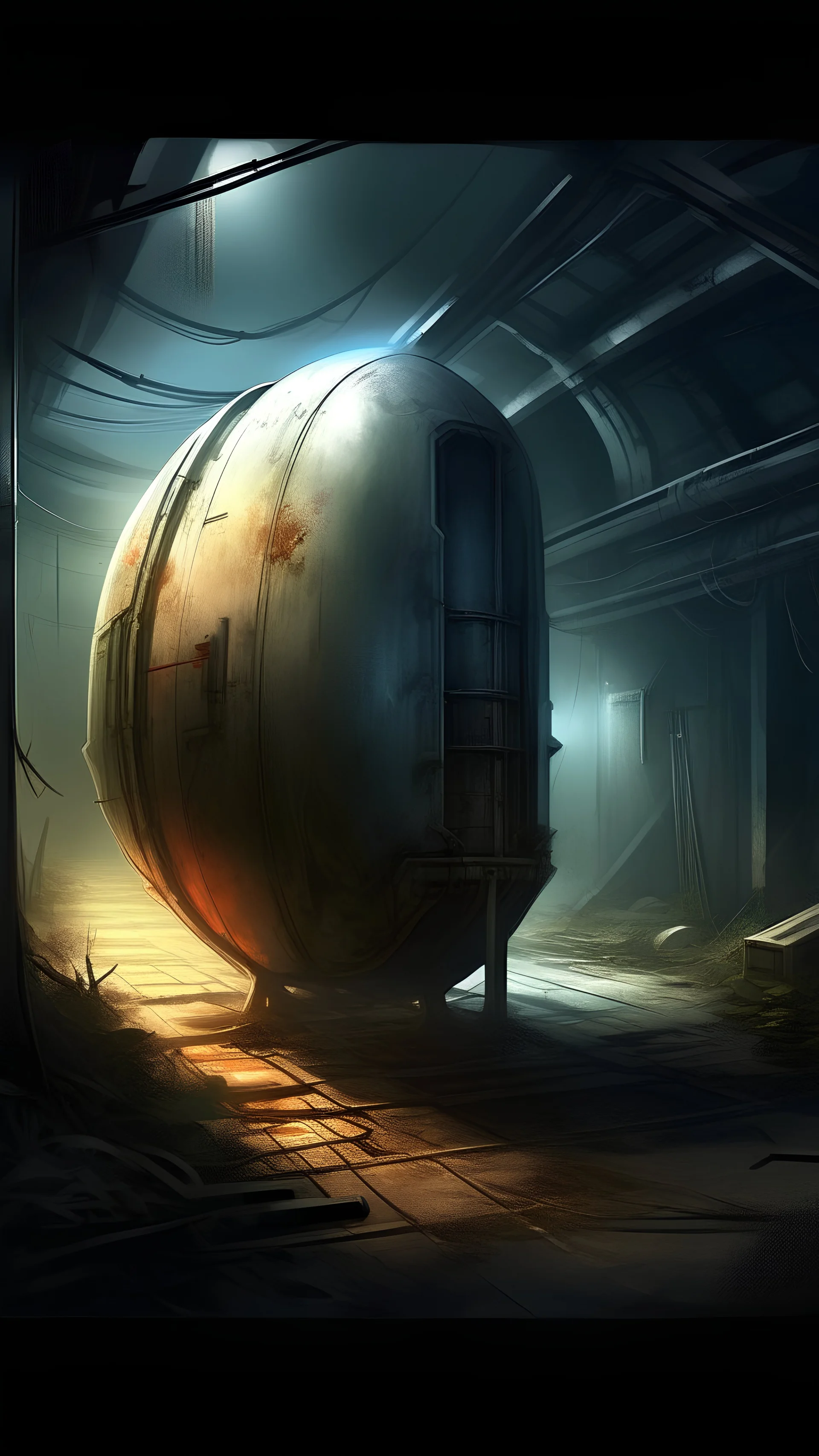 in the back lot of a warehouse, sci fi big stasis capsule for a human, unique, oblong, fantasy art, painting