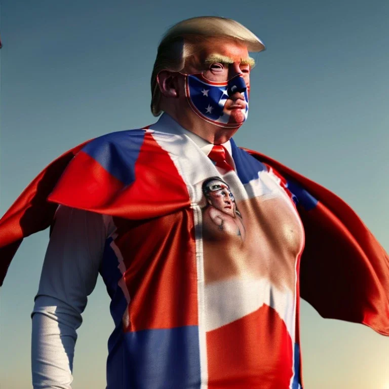 realistic image of donald trump as a mexican wrestling fighter posing outdoors, Mexican eyes wrestling mask, red and blue breeches, confederate flag cape, retro style, 80s, vibrant color, highly detailed, sky background, concept art, unreal engine 5, god rays, ray tracing, RTX, lumen lighting, ultra detail, volumetric lighting, 3d, finely drawn, high definition, high resolution.