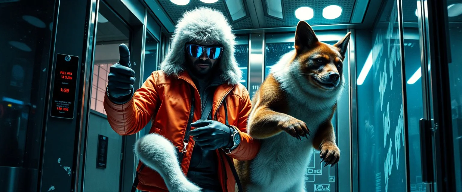 frankie picks up and carries rasta bad ass criminal frost cyberpunk bard into hi tech glass elevator, he give a thumbs up with blue driving glowes, holding an calm big eskimo dog wolverine on a leash