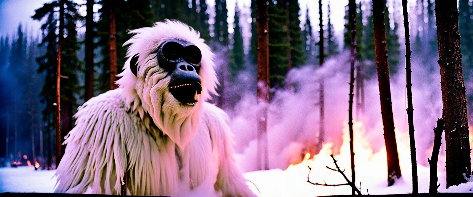 close up of a Yeti in documentary photography, burned trees, Wildfire, Smoke, burning, forest fire, August 1995, Yeti, Dystopian, Japanese, Extreme depth of field, bokeh blur, winter, blizzard, Alberta, all-natural, in the style of candid, imperfection, natural lighting, Professional shot, shot on Agfa, Fuji Film, Anamorphic lens --ar 4:5 --w 150 --style raw