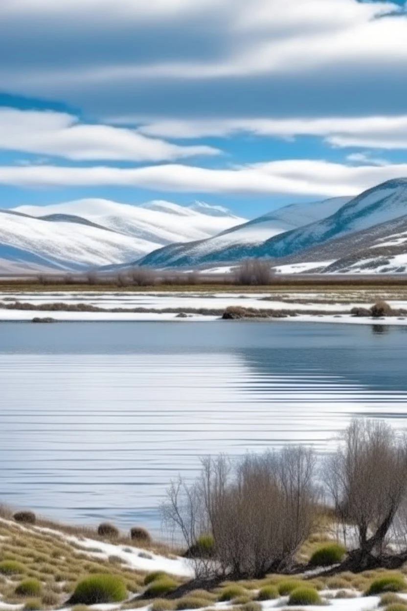 paisaje del sur argentino, con lago, día frio y nevado