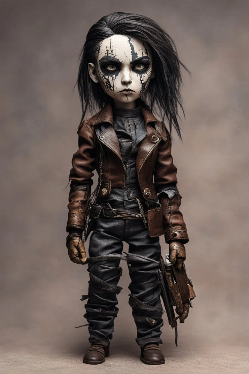 full color, illustration of a dark menacing leather clad motorcycle girl, tall and willowy , as a decayed, broken, crude homemade cloth doll toy, with a cracked porcelain face, thick dark eyebrows, hair made from ragged strips of cloth, in the style of Nadya Sheremet