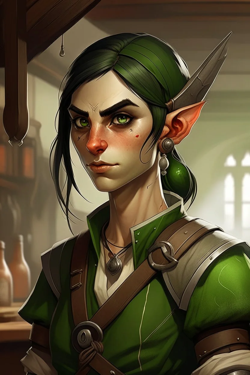 Dungeons and dragons half orc tomboy. She has green skin and pointy ears. She is kind. She is handsome. She has nice eyes. She has short black hair. She is strong. She is in a tavern. She has broad shoulders. She has a large jaw. She has small tusks. Realistic style