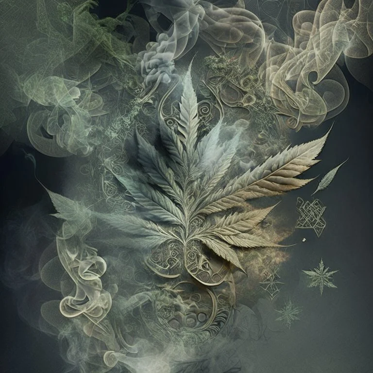 Design a composition where smoke intertwines with abstract patterns inspired by ancient scriptures and texts, while crushed weed leaves form the foundation of forgotten symbols and hidden meanings, evoking a sense of mystery and discovery.