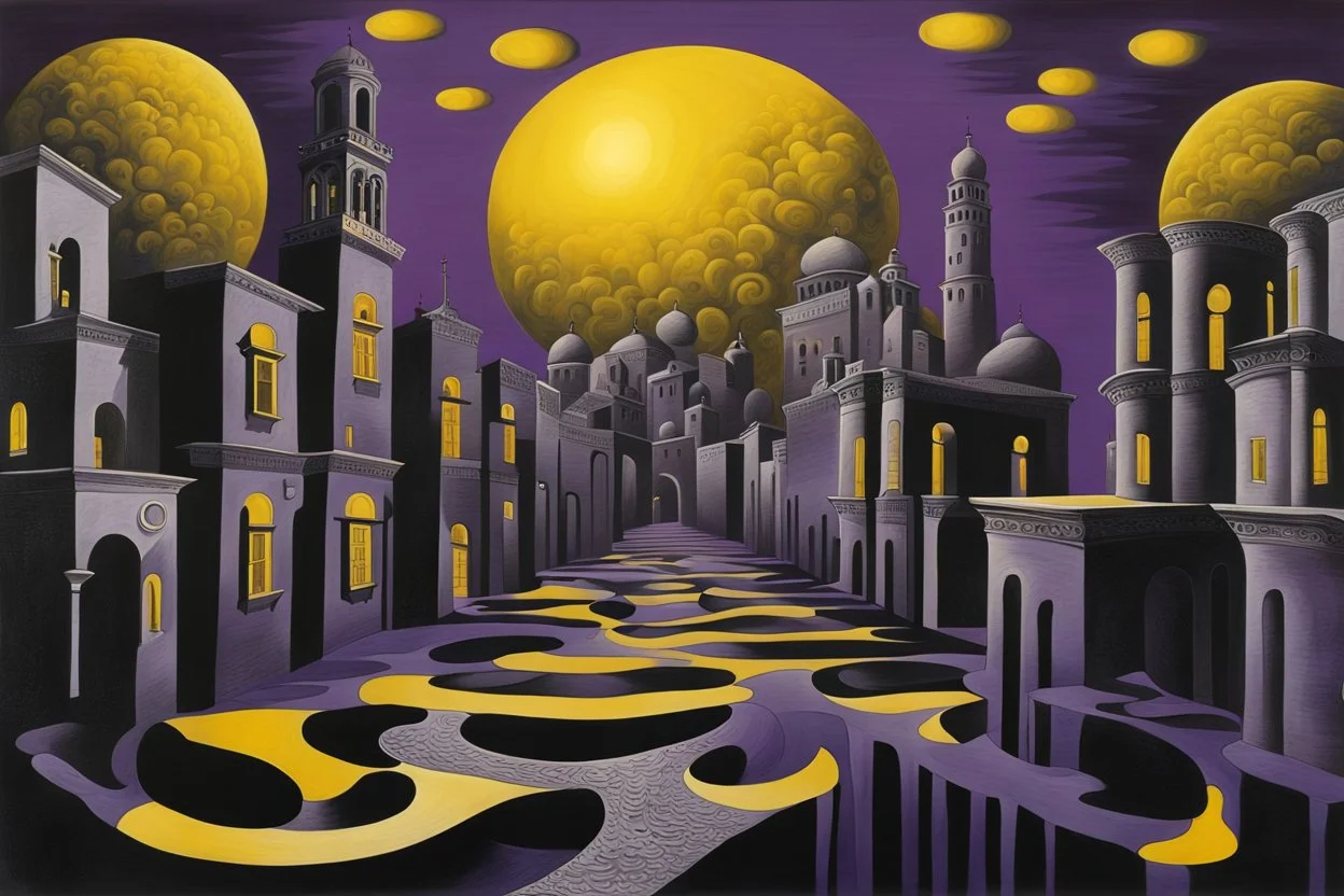 midnight in surreal old city with one big full moon, shadows on walls, strange buildings, sinister, dark clouds, by Greg Rutkowski surrealism Salvador Dali , purple-yellow, black melting oil on canvas, sinister, by Greg Rutkowski surrealism Salvador Dali matte background melting oil on canvas abstract vector fractal, wave-circle function, Zentangle, 3d shading