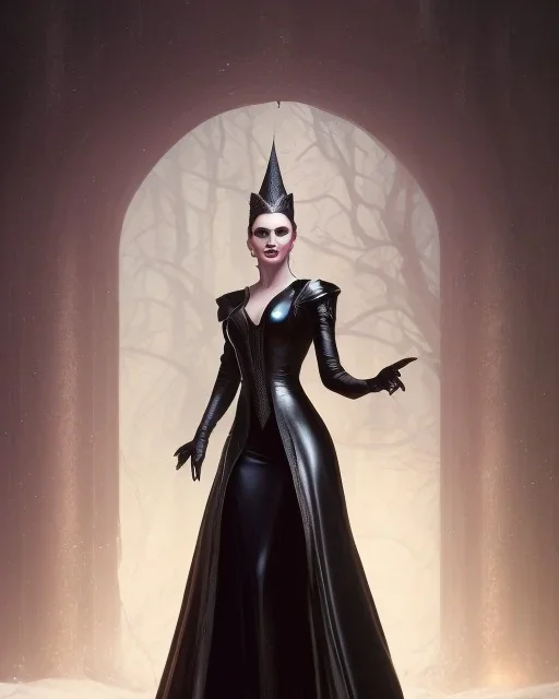 old evil queen in black leather gown, femme fatale, volouptous, busty, cleavage, angry, emperious, 8k resolution concept art portrait by Greg Rutkowski,