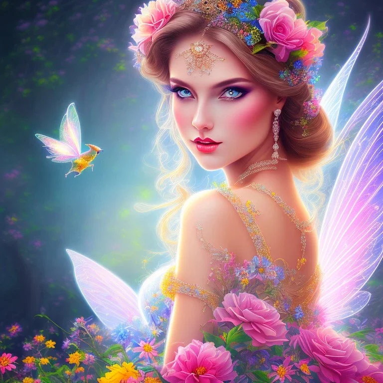 bright fairy, beautiful portrait, flowery landscape