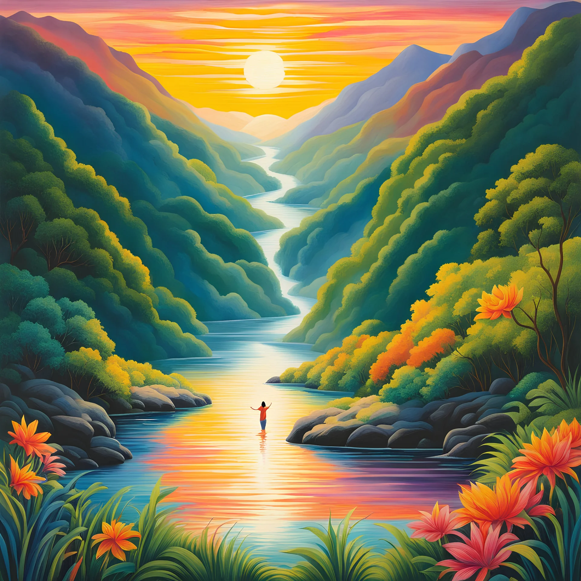 Kapo’s canvas bursts with vibrant colors—a mystical river winding through lush hills. A figure stands at the water’s edge, eyes closed, arms outstretched. The river symbolizes life’s purpose, and the figure receives guidance from unseen forces. The sun radiates warmth, igniting purpose within.