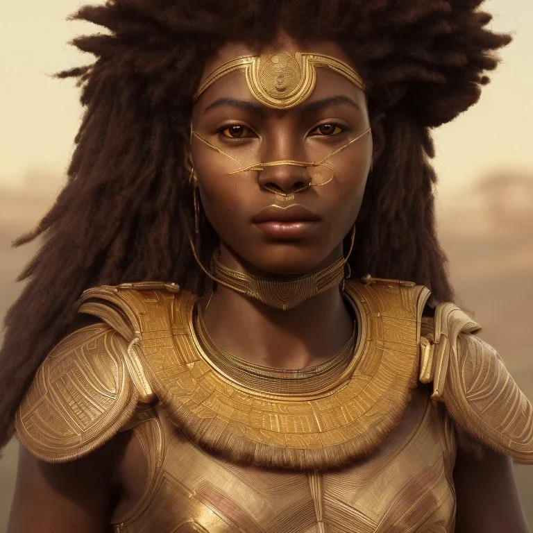 young african woman, short dark hair with golden highlights, ancient ((Egypt)),whole body, ancient armor, lion, golden jewelry, kente, flames as clouds, magnificent, majestic, highly intricate, incredibly detailed, ultra high resolution, complex 3d render,