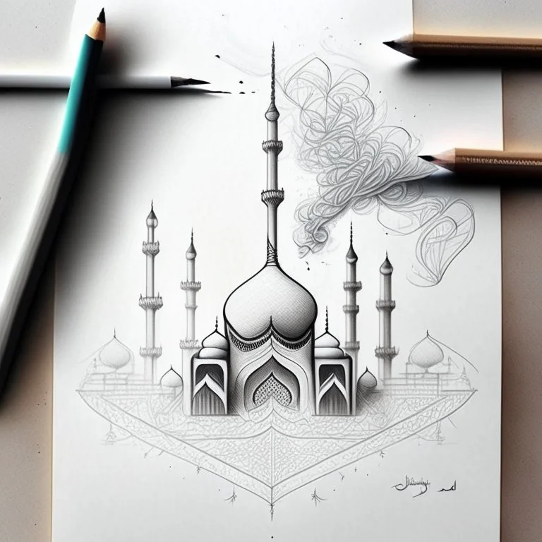 Create a detailed pencil sketch featuring smoke tendrils intertwining with abstract shapes inspired by Islamic architecture, forming an asymmetrical mosque-like structure that harmoniously fills the entire canvas.