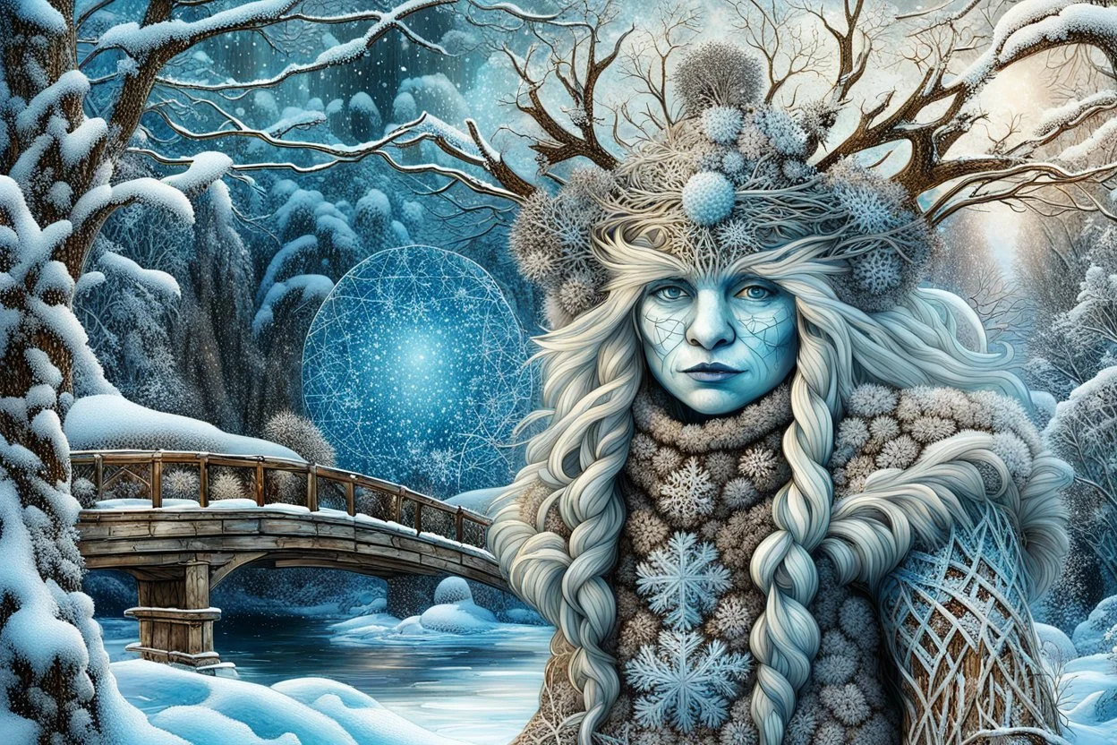 Double exposure: a kind snow troll, hair made of dry branches covered in snow, tits perched on the hair-branches, a sheepskin coat woven from dry leaves and twigs covered in snow, and a winter landscape depicting a fairytale rounded bridge, a tree made of snowflakes painted with frost, filigree kaleidoscopic patterns of frost. Highly detailed textures: a fairytale illustration, splashes of white and gold paint, rich texture, distant and deep space, dreamy watercolor and liquid filigree acrylic.