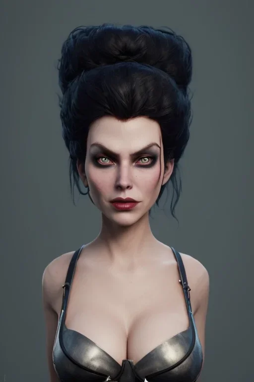 Lene Nystrøm as evil queen in black leather, busty, cleavage, voluptuous, angry, stern look. character design by cory loftis, fenghua zhong, ryohei hase, ismail inceoglu and ruan jia. unreal engine 5, artistic lighting, highly detailed, photorealistic, fantasy