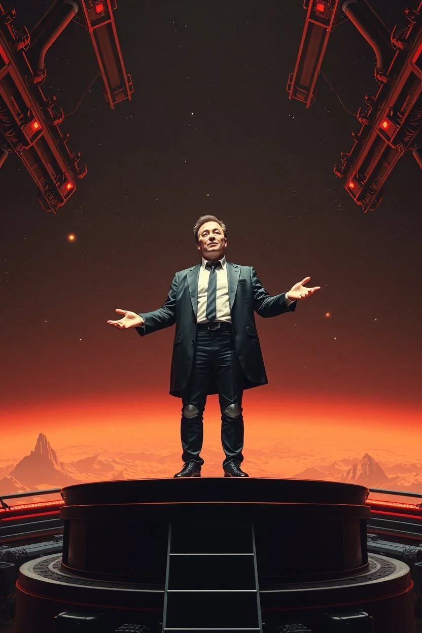 Elon Musk as goth on spaceship podium in the style of Giger and Escher