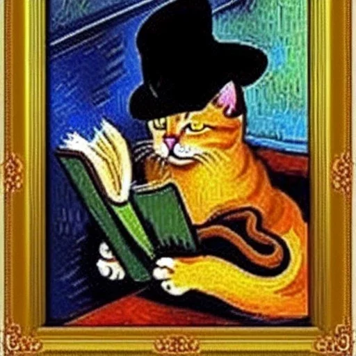 oil portrait of a cat with hat reading a book and smoking a wooden pipe by Van Gogh 8k