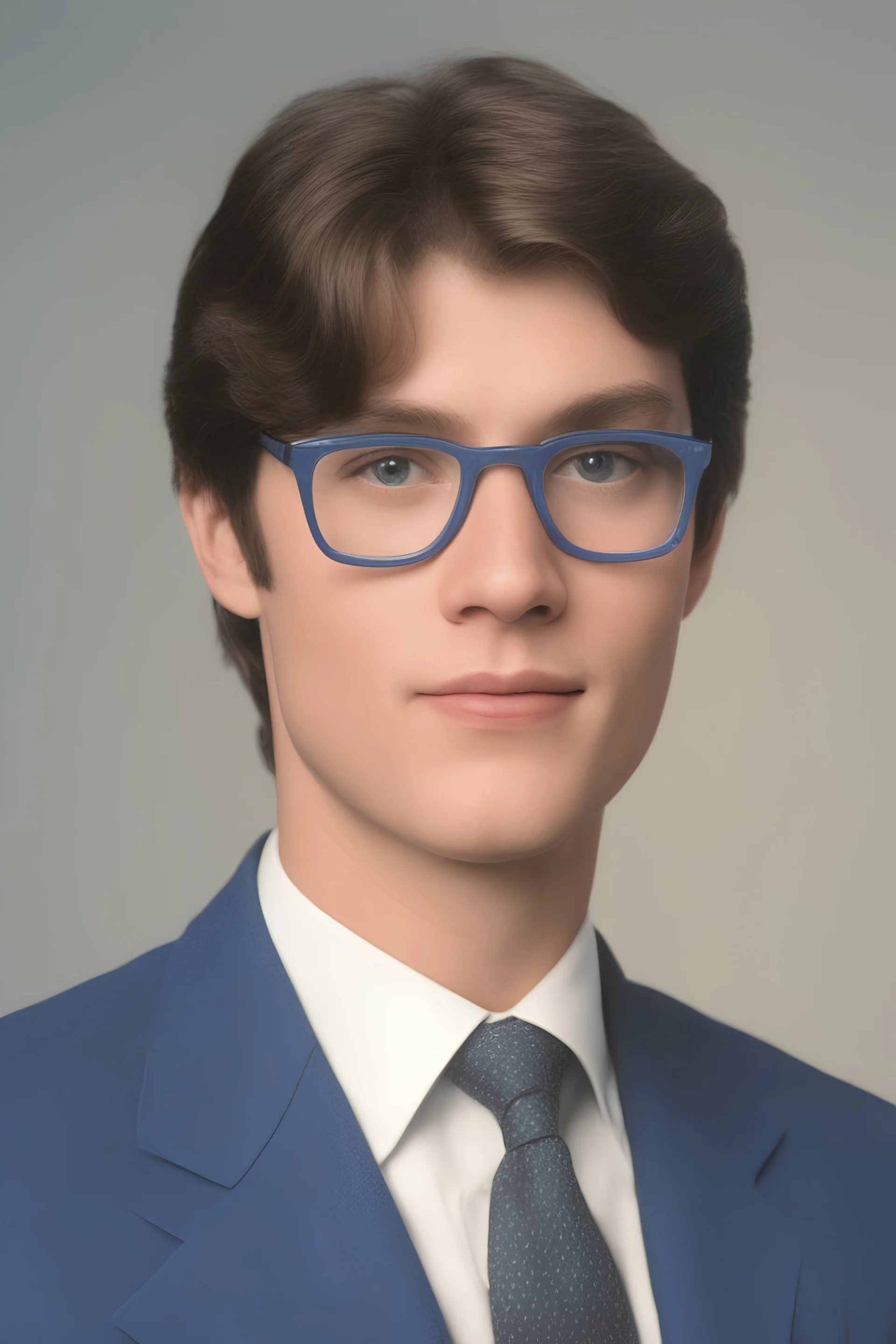 full color image, 1980's yearbook photo, teenager, Clark Kent (Christopher Reeve), 14 years old, photorealistic, --ar 9:16 --style raw