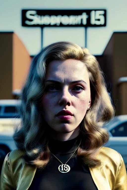 retro portrait image from 1960, supermarket parking explosion, long hair, young Scarlett Johansson, classic black tight lycra suit, gold bracelet and belt, high heel boots, soft color, highly detailed, unreal engine 5, ray tracing, RTX, lumen lighting, ultra detail, volumetric lighting, 3d, finely drawn, high definition, high resolution.