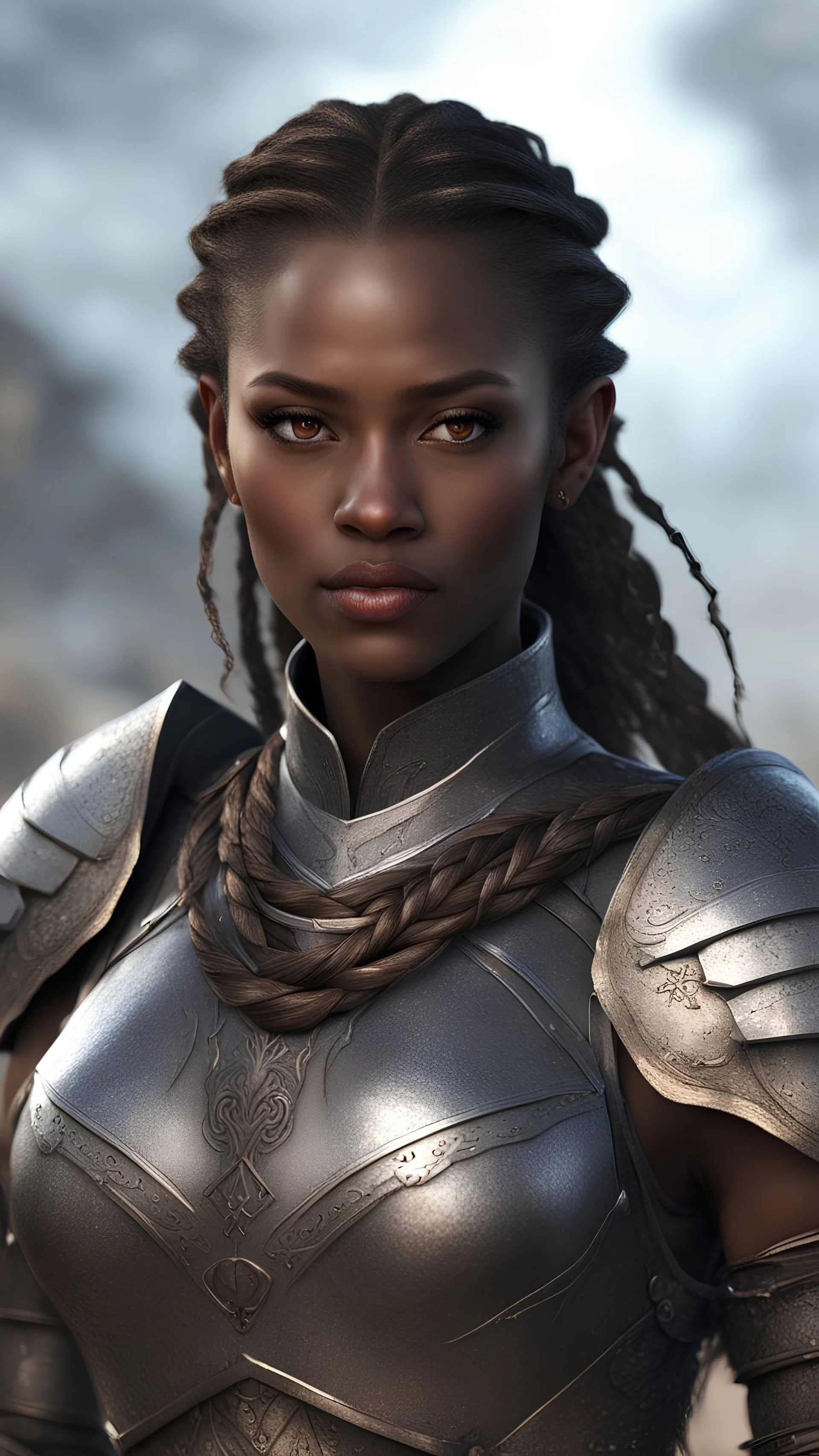 armored beautiful female paladin portrait, full body, dark skin, dark eyes, braided dark hair, white metal armor, background war camp, fine detail, atmospheric sharp focus, sharp edges, Broken Glass effect, stunning, breathtaking beauty, Volumetric light, reflects detailed masterpiece, 8k resolution, dark fantasy concept, hyperdetailed, intricately detailed, deep color, Unreal Engine