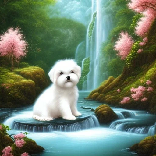 chiot bichon maltais blanc avec des cerisiers du japon et une cascade d'eau lumineuse