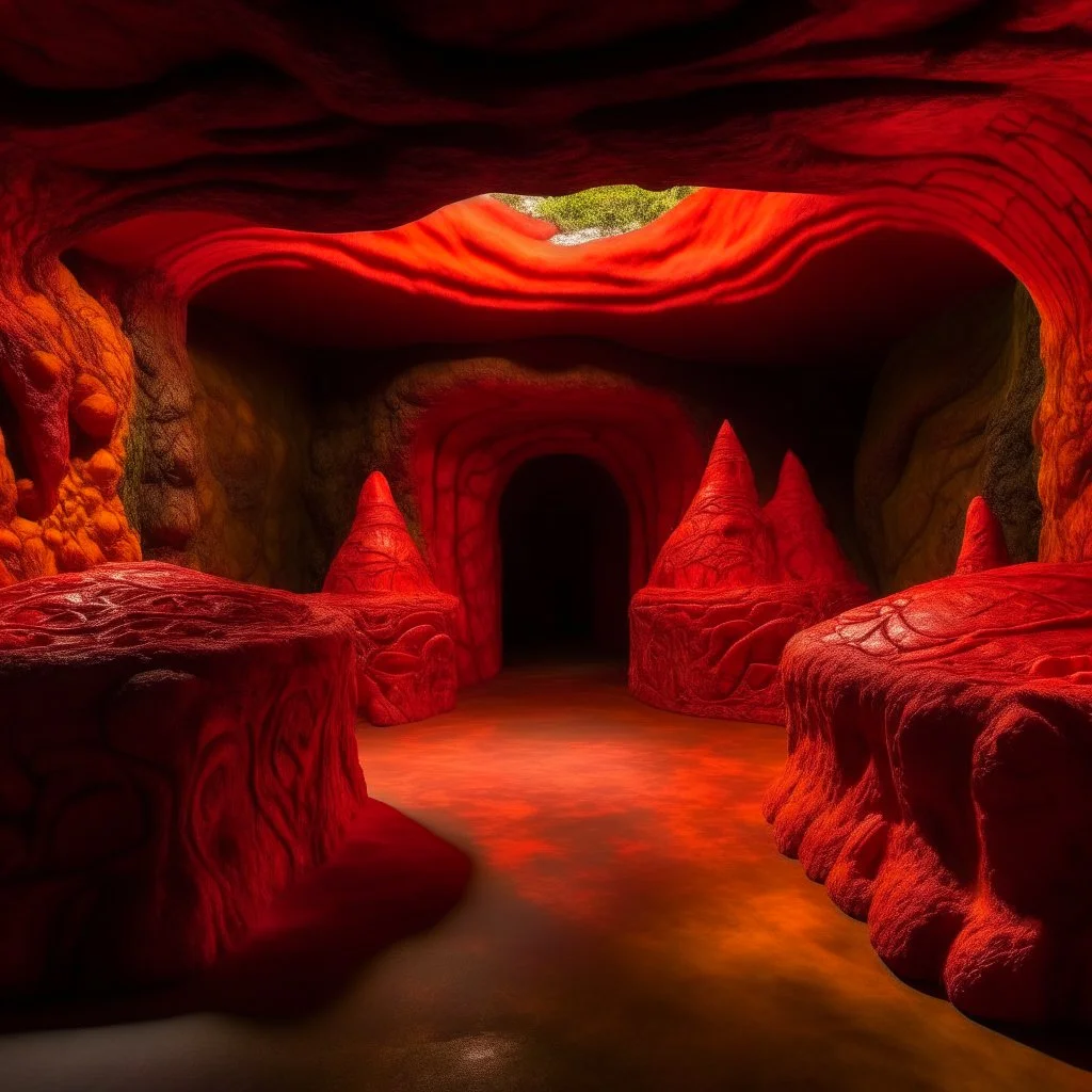 An orangish red underground covered in lava designed in Maori sculptures