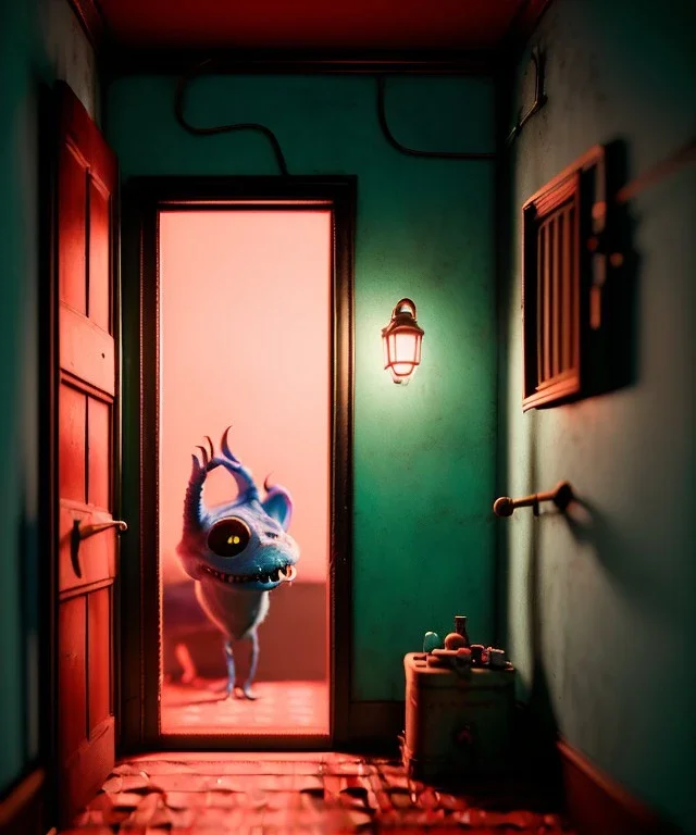 Wes Anderson photographer, night, monster peeking behind the ajar door, Ultra realistic, punk style, wide angle view, soft color, highly detailed, unreal engine 5, ray tracing, RTX, lumen lighting, ultra detail, volumetric lighting, 3d, finely drawn, high definition.