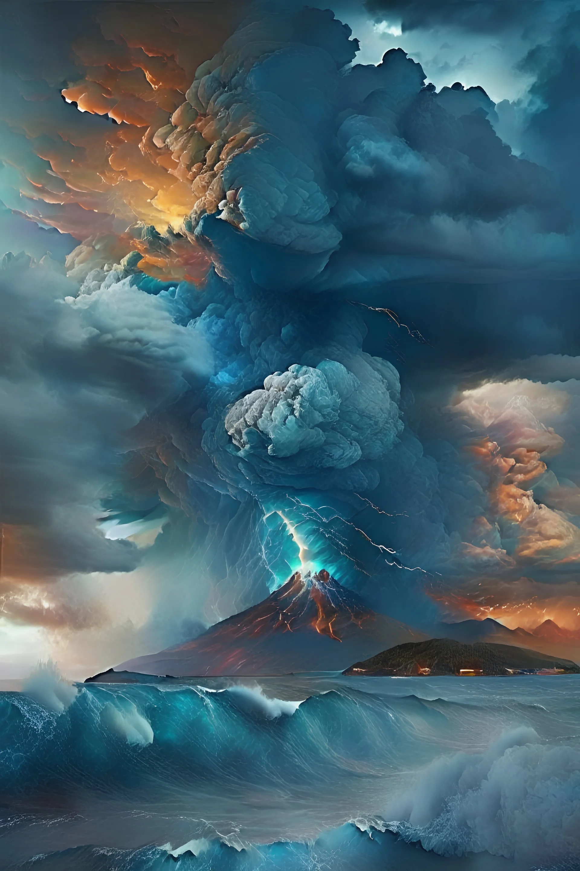 Stormy sea and menacing sky with a volcano erupting