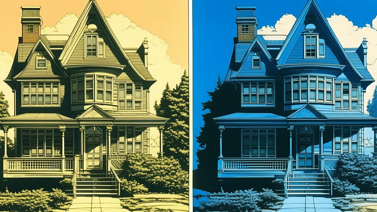 Two modern houses, one stuccoed in blue and the other in black, with a triangular roof, one window on each house, lawn and trees around, blue sky with clouds, a woman is standing between the two houses, Aquatint, Azulejo, Bruce Pennington