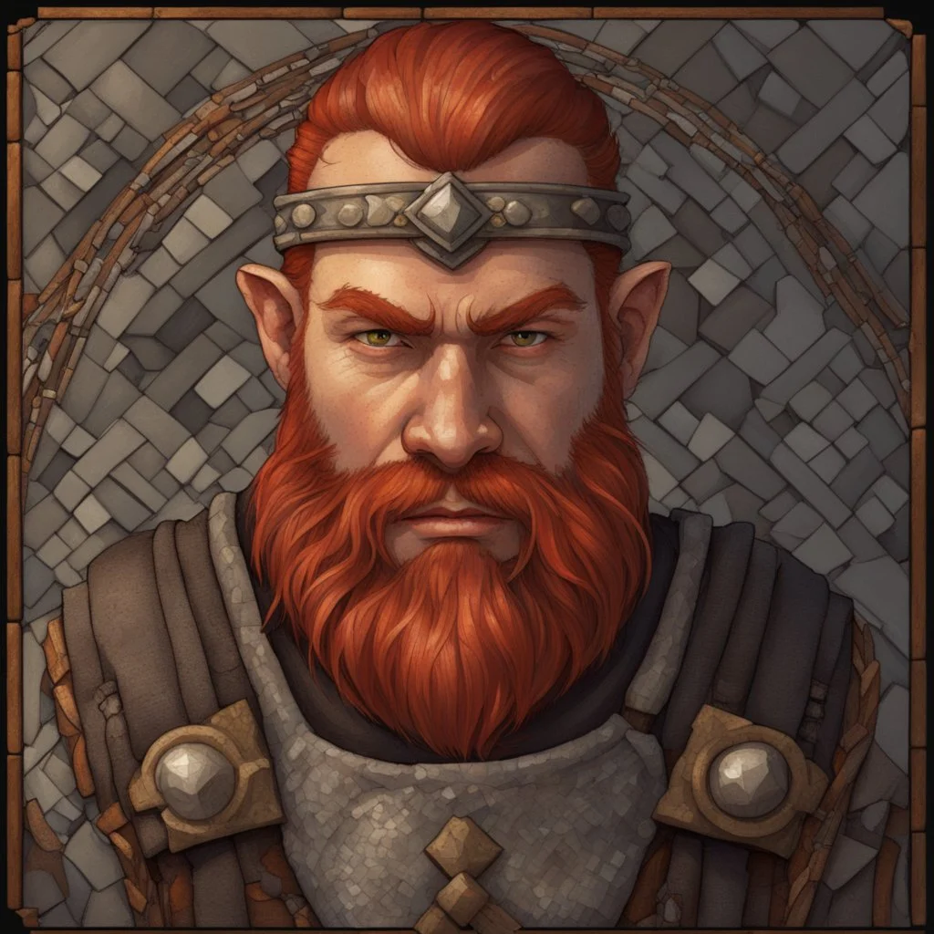 Dnd, fantasy, portrait, only face, dwarf, blacksmith, medieval mosaic, kind, hearthy, red hair, braided beard