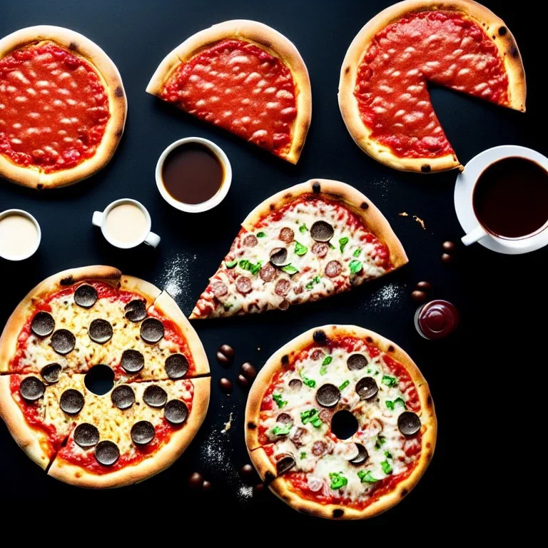 pizza, hamburger, coca-cola, donut, coffee, black background