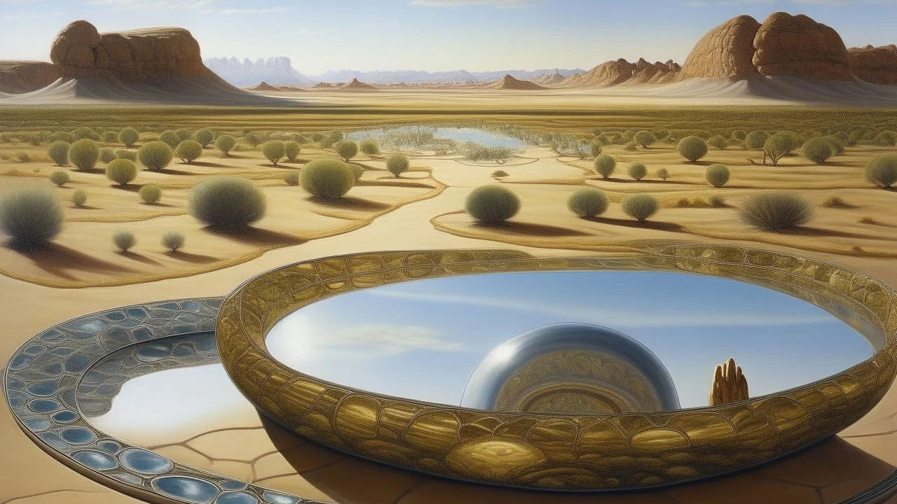 A hyper-realistic oil painting depicting a vast desert landscape with multiple mirrors reflecting ancient civilizations