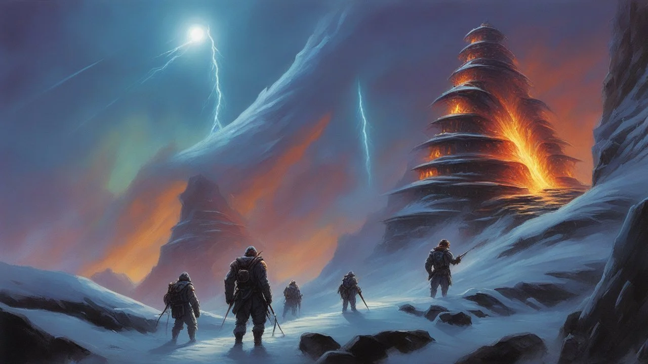 dark icy nuclear winter. concept art, mid shot, intricately detailed, color depth, dramatic, 2/3 face angle, side light, colorful background. style of Jeff Easley