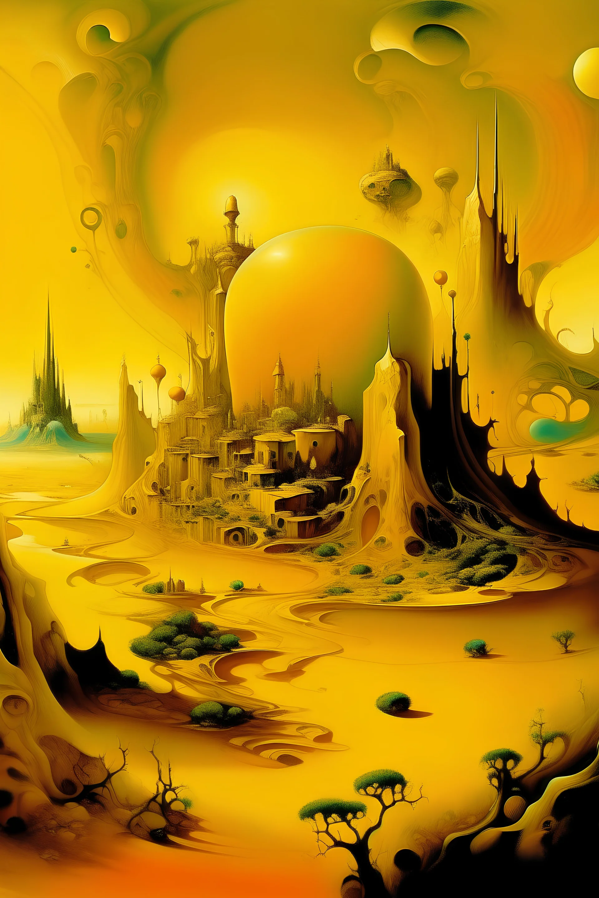 A golden yellow luminous metropolis painted by Salvador Dali