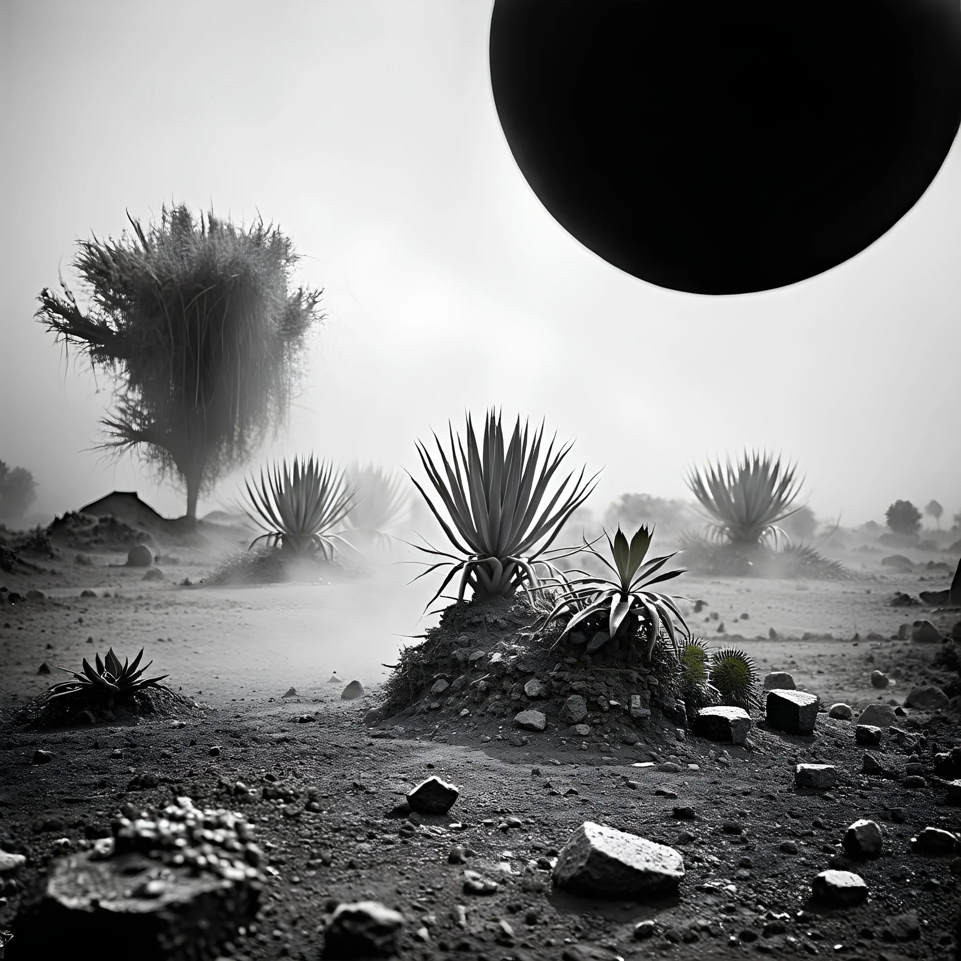 A striking quality Kodak photograph captures a wasteland with monsters and group of plants, creepy, details of the dust very accentuated, glossy organic mass, adorned with minerals and rocks. Bathed in intense light, eerie, Max Ernst style, black sun, fog