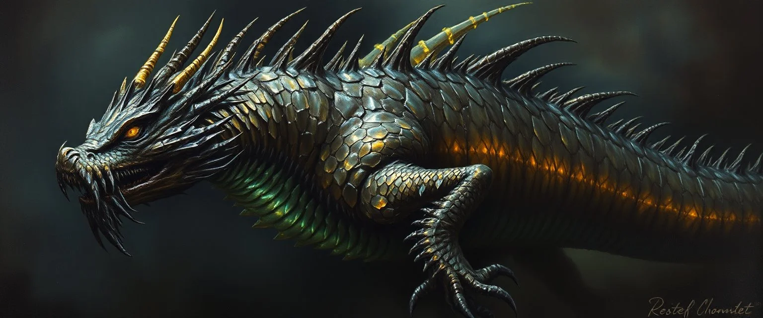 master oil painting by Rembrandt, good afternoon Glimmerscale "A massive dragon-like monster with jagged, reflective scales that shimmer like broken mirrors, bioluminescent streaks glowing across its body, jagged fins protruding at odd angles, dripping with black ichor, eyes glowing faintly, lurking in deep water."