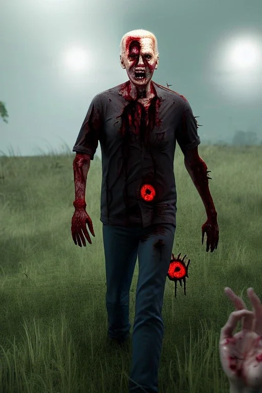 realistic image, joe biden zombie, zombie posing, arm cut and bleeding, amputated leg, night, walking with a limp, waist up view, dark ambient, highly detailed, sky background, concept art, unreal engine 5, god rays, ray tracing, RTX, lumen lighting, ultra detail, volumetric lighting, 3d, finely drawn, high definition, high resolution.