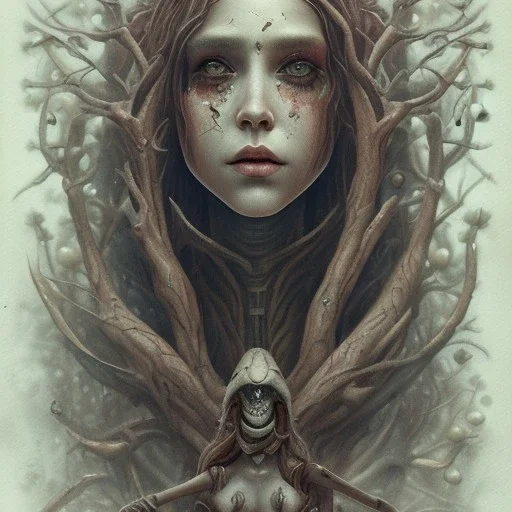 Singer Danish MØ, watercolor illustration , cyberpunk, Dryad, wildflower, Style John Kenn Mortensen,