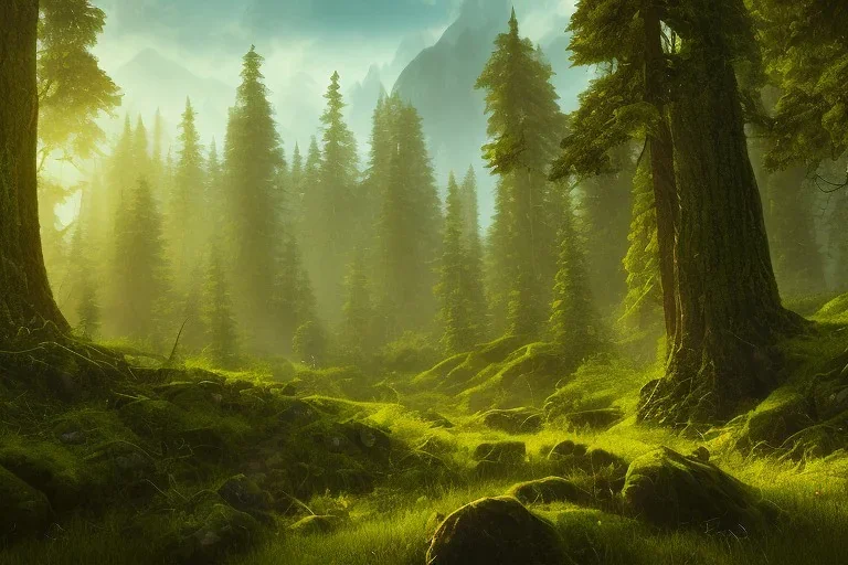 forest trees sunshine mountains