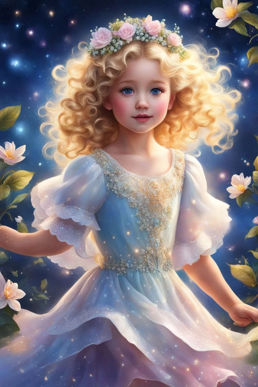 Amidst the night sky's radiance, a darling girl with curly blonde locks, angelic eyes, and a pearl princess dress danced with glee, resembling a mesmerizing vision of wonder, filling the world with delight like spring blooms. highly detailed, digital painting, beautiful, adorable digital painting, high quality, 4k