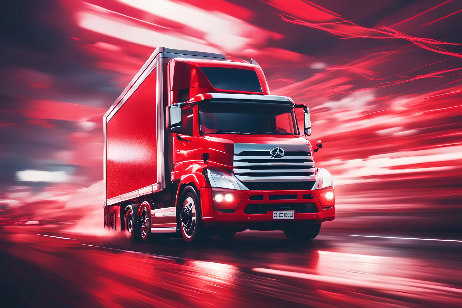 cinematic view, 8k, high resolution, stylized, monochromatic red , vectorial, oil painting, art of a hino profia truck running in a futuristic road, lights, blurred background, neon, bokeh effect, surrealistic, forced perspective