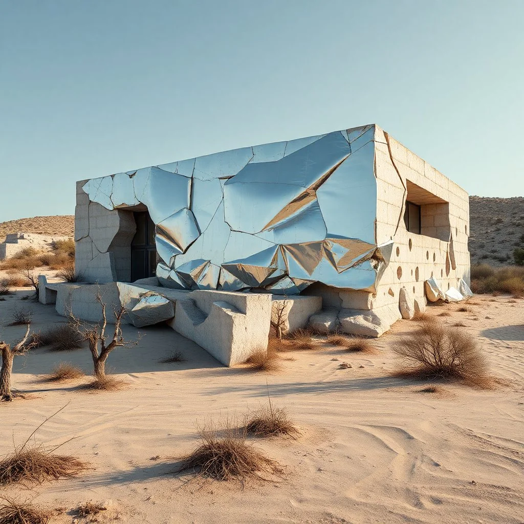 Fotografia di una villa moderna brutalista con alluminio riflettente. La struttura è erosa e inglobata dal paesaggio naturale, come se il tempo o l'ambiente avessero iniziato a "riassorbirla". L'atmosfera è desolata e surreale, con un ambiente circostante spoglio e sabbioso hasselblad h6d400c