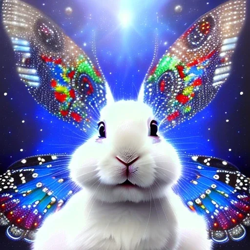 white platinum rabbit with blue third aye and butterfly wings, aboriginal, dot painting, indiginous, dot, mud, dream-time, abstract, dots, natural pigment, extremely sharp detail, finely tuned detail, ultra high definition, 8 k, unreal engine 5, ultra sharp focus, art germ and Paul Lewin and Kehinde Wiley, winter ambiance