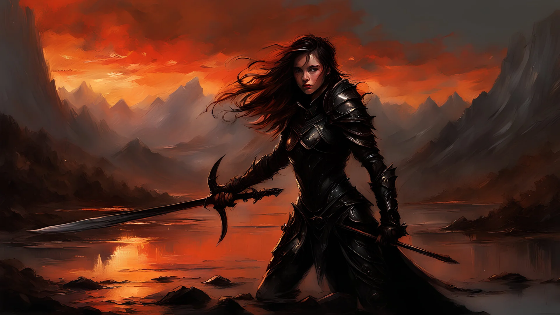 A formidable warrior girl in black armor, on the background Amazing gloomy landscape, flooded with sunset, mountains, trees, fabulous scary hero, , juicy emotions, painting, dark fantasy, gloomy day, dark world, portrait, by Alyssa Monks & Raymond Swanland & James Paick & Anna Razumovskaya